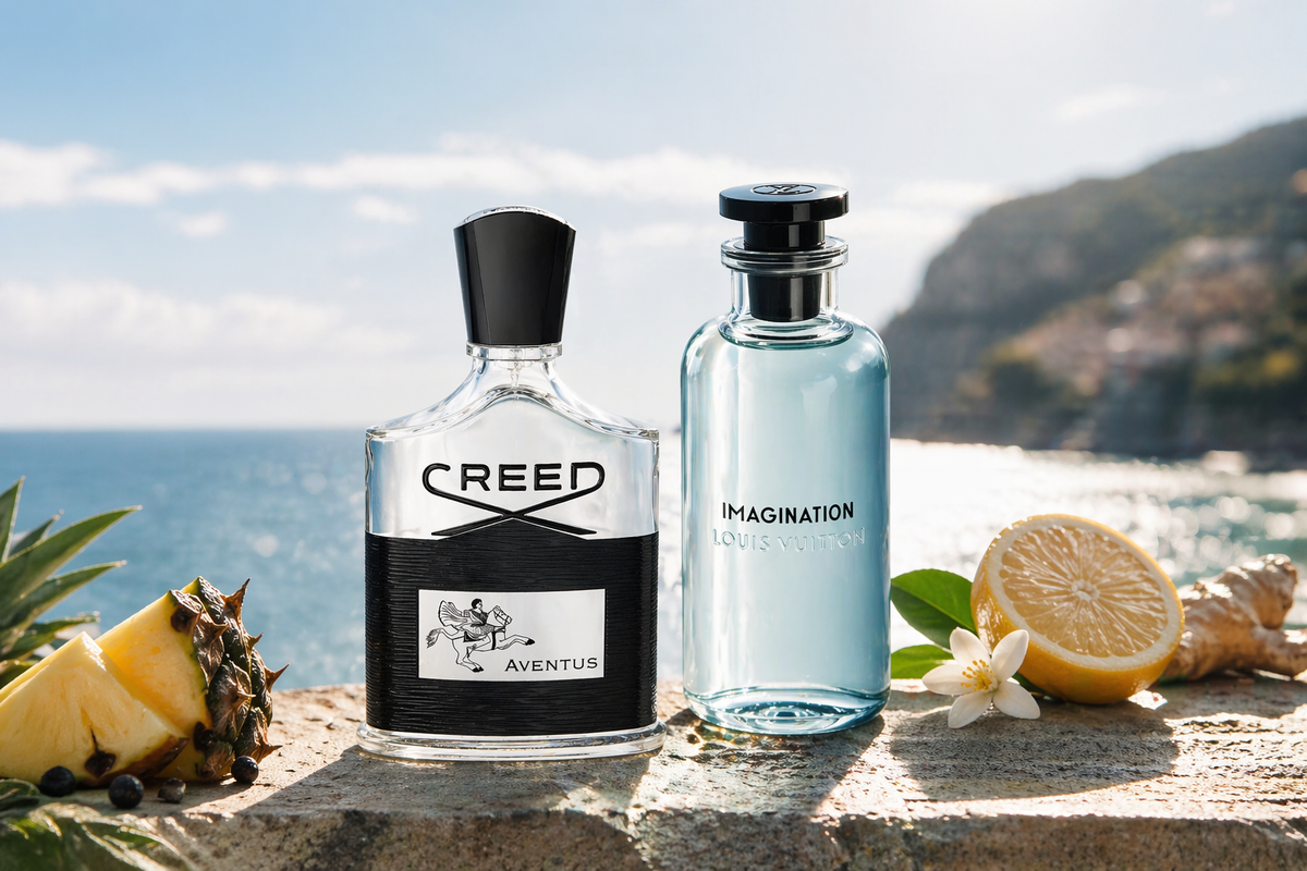 Two bestselling perfume bottles displayed with blue waters in background