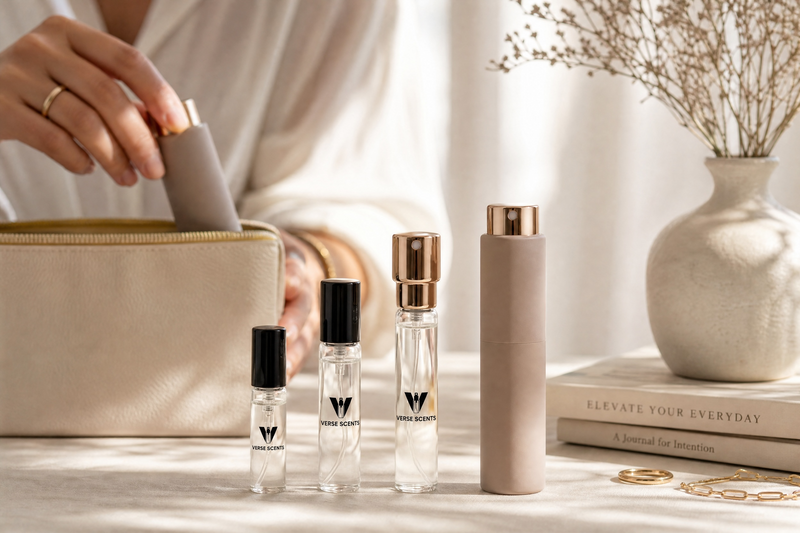Verse scents vials lined up on a table in the background female seen taking a verse scents twist up atomiser out of her vanity bag. Books and jewellery props used 