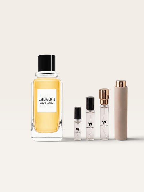 A Givenchy Dahlia Divin perfume bottle with a black cap and white label stands next to three smaller decanted travel atomizer vials by verse scents uk, all on a clean off-white background.