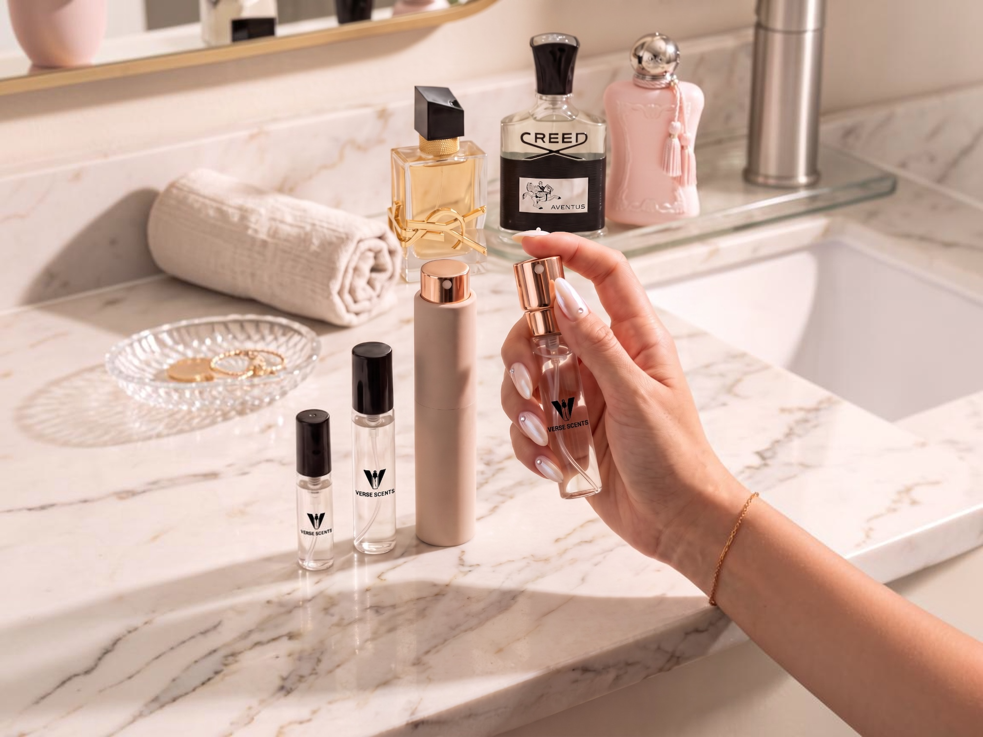A manicured hand holding a verse scent decant 8 ml travel spray. 3ml & 5 ml decant vials displayed alongside them. In the background bottles of full sized perfume bottles are lined up. Creed aventus, delina by parfums de marly and libre by ysl