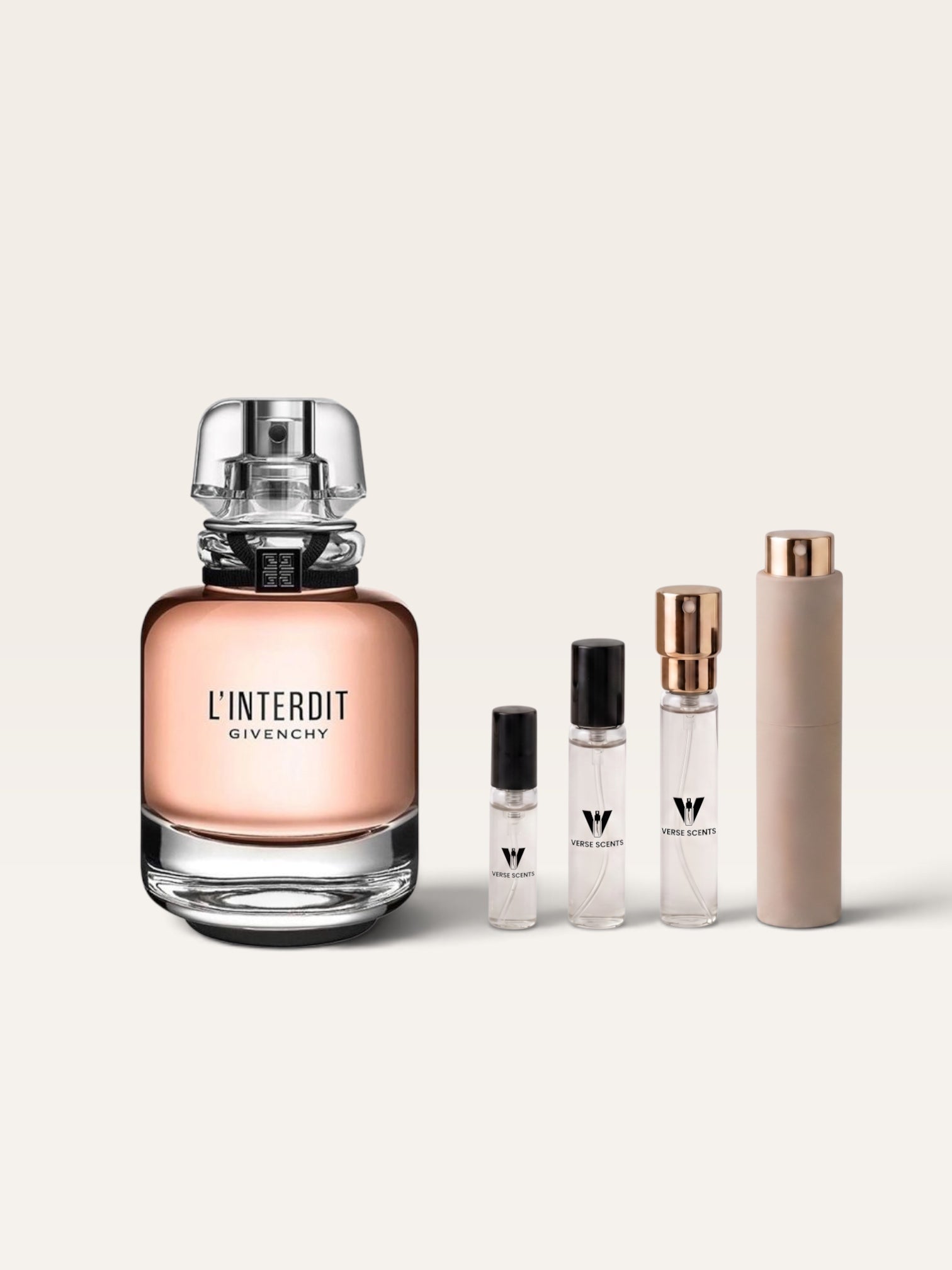 Givenchy L'Interdit perfume bottle in a dusty rose glass with a silver cap, shown alongside three small clear decanted vials by verse scents and a beige travel spray tube on a light beige background.